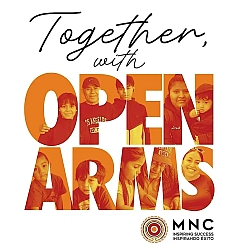 A group of people are shown inside large orange text reading “OPEN ARMS,” with the words “Together, with” above and the MNC logo at the bottom right.