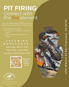 Promotional poster for a pit firing ceramics workshop, featuring a pottery silhouette with a fire scene inside and workshop dates listed on the side.