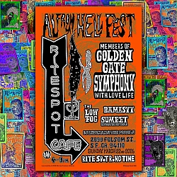 An orange poster advertises "Ant from Hell Fest" at Rite Spot Café, listing band names and event details, against a colorful, patterned background of smaller posters.