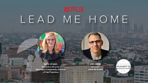Promotional image for Netflix's "Lead Me Home," featuring headshots of Beth Stokes and Jon Shenk against a cityscape background.