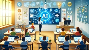 A classroom with students using tablets, a teacher at the front, and a large screen displaying "AI" and technology icons, suggesting an AI-focused lesson.