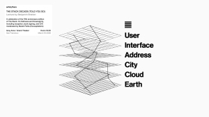 A minimalist graphic with six stacked wireframe grids beside bold text labels: User, Interface, Address, City, Cloud, Earth. A menu icon and event details appear in the top left corner.