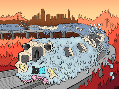 A melting BART train travels on tracks surrounded by flames, with the San Francisco skyline and bridge in the background under an orange sky.