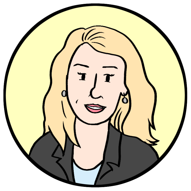 Cartoon illustration of a woman with blonde hair, wearing a black blazer and light-colored top, set against a yellow circular background.