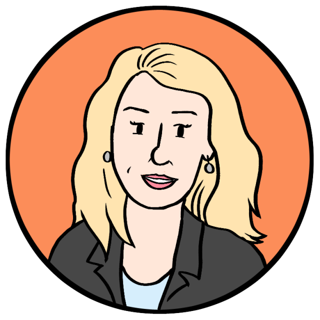 Illustration of a woman with long blonde hair, wearing a black blazer and light blue top, set against an orange circular background.