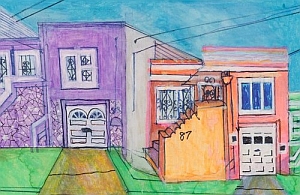 A colorful drawing of two houses, one purple and one peach, each with a garage, a driveway, and a lawn; the number 87 is on the peach house’s stairs.