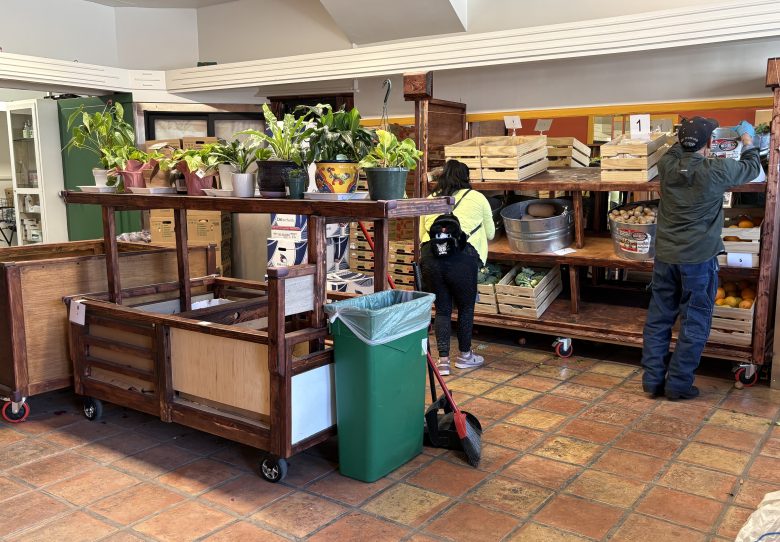 Two people select produce from wooden shelves at an indoor market or food pantry; potted plants sit on a nearby cart, and a green trash bin is visible in the center.