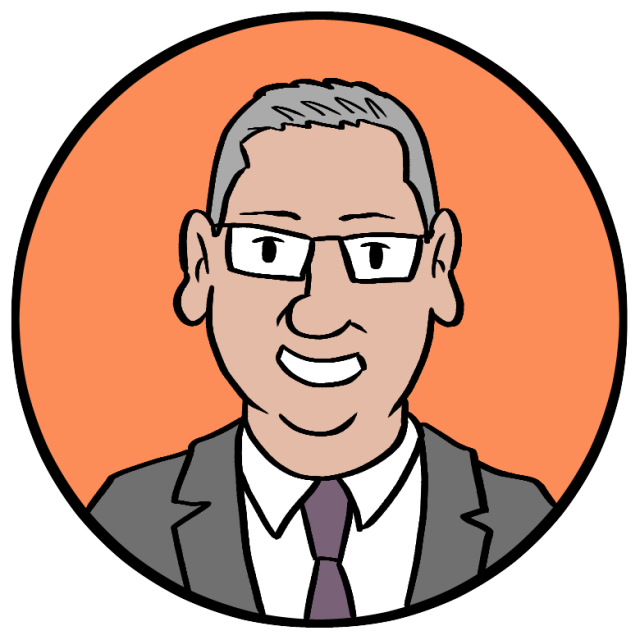 Cartoon illustration of a man with short gray hair, glasses, and a suit with a tie, shown against an orange circular background.