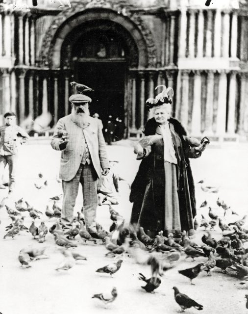 An elderly man and woman feed pigeons in a city square, with several birds on the ground and one on the man's head; an ornate building is in the background.