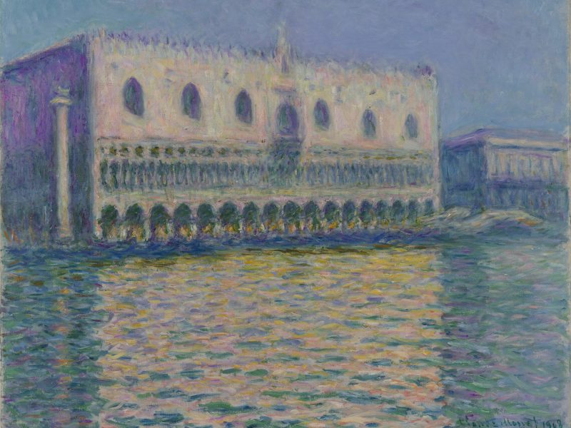 Impressionist painting of a large, ornate building with arches reflected in the water under a blue sky, created in soft, pastel colors.