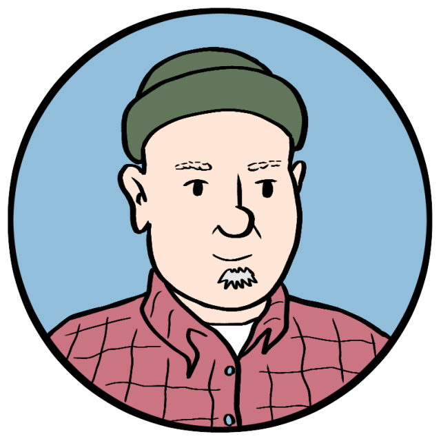 Cartoon illustration of a person wearing a green beanie and red plaid shirt, with light skin and a short goatee, inside a blue circular frame.