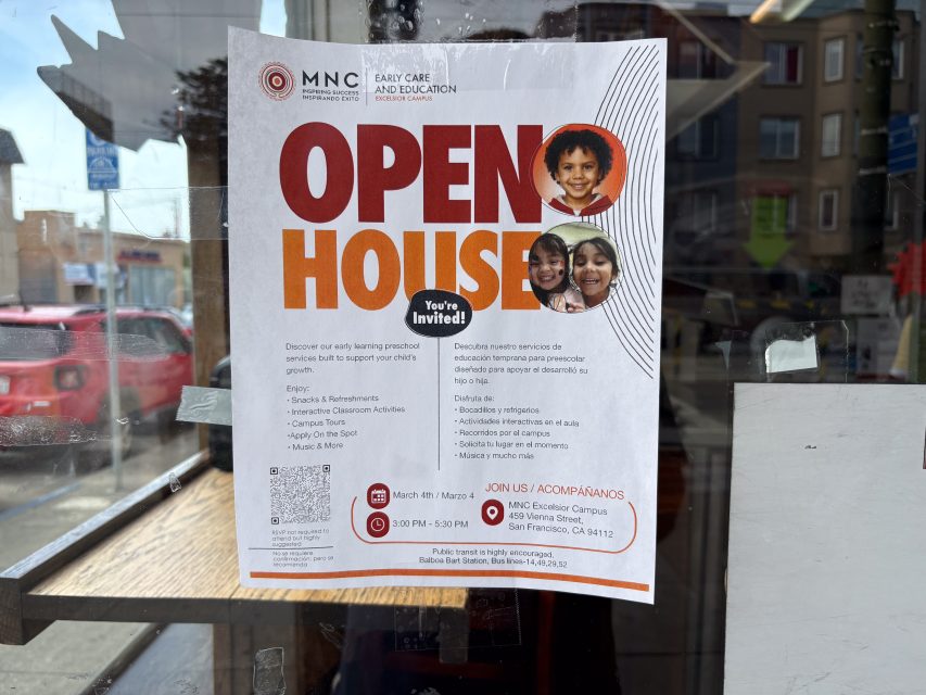 Flyer on a glass door advertising an open house for MNC Early Care and Education, with event details in English and Spanish and photos of smiling children.
