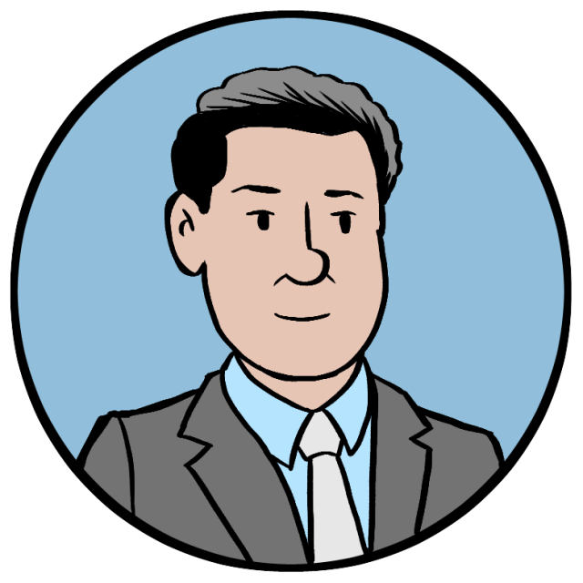 Cartoon illustration of a man with short dark hair wearing a gray suit, white shirt, and tie, set against a blue circular background.