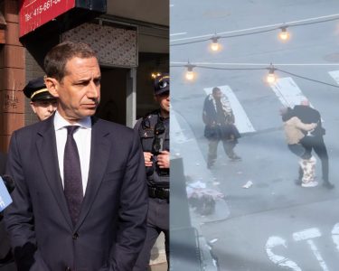 A man in a suit speaks to the media beside uniformed police officers; adjacent is a street scene with two people physically confronting each other while another person observes.