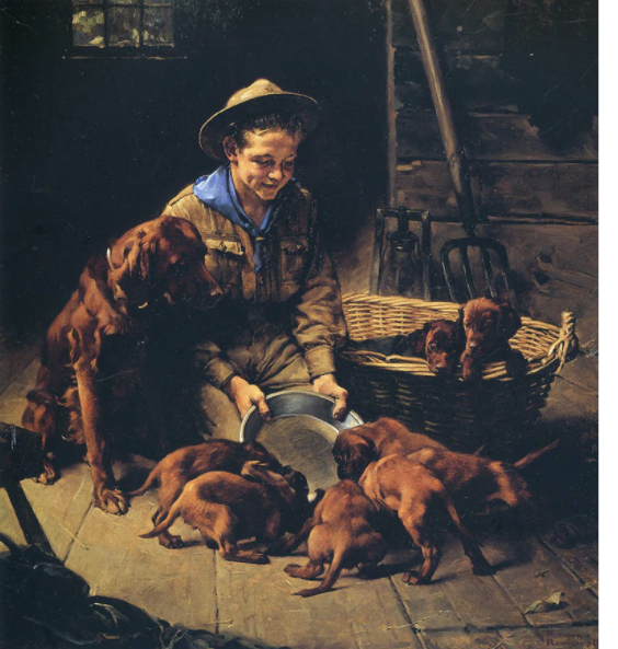 A boy in a hat and scout uniform sits indoors with a dog, feeding a group of puppies from a bowl; more puppies are in a basket beside him.
