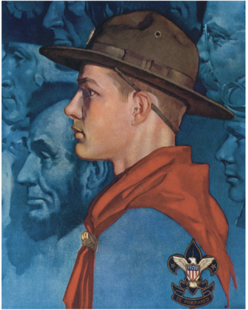A Boy Scout in uniform and hat stands in profile with the Boy Scouts of America emblem; faces of historical figures, including Abraham Lincoln, appear in the blue background.