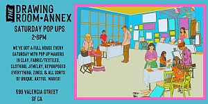 Illustration of people at an indoor pop-up market with tables displaying various handmade goods, set against bright blue and pink walls. Event details and location are listed on the left.