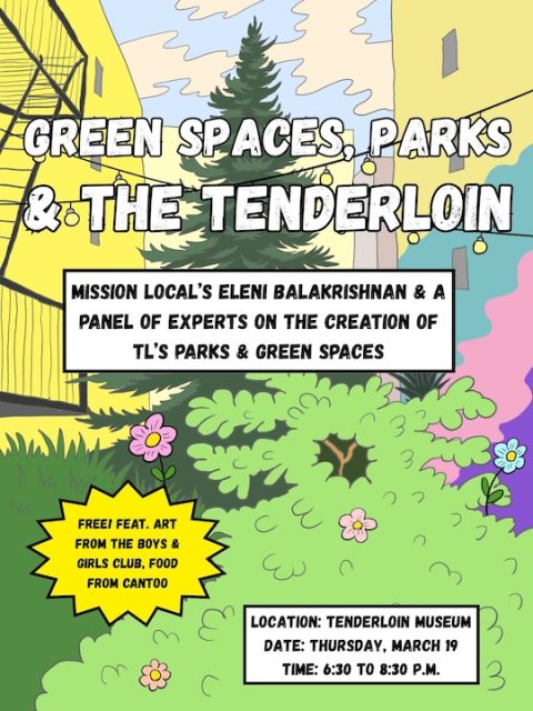Event poster with cartoon-style park and flowers, promoting a panel on creating parks in the Tenderloin, held at Tenderloin Museum on March 19, from 6:30 to 8:30 PM.