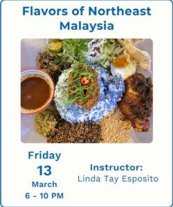 Plate of Malaysian food with blue rice, chicken, sauces, vegetables, and garnishes; event details and instructor's name listed above and below the image.