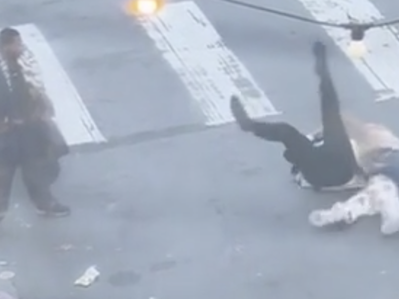 Two people are falling or wrestling on a street crosswalk near Lurie while another person stands nearby watching.