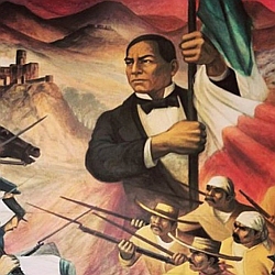 A painting shows a serious man in a suit holding a Mexican flag, surrounded by soldiers with rifles, set against a mountainous background.