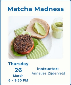 Open sandwich with a vegetable patty, lettuce, tomato, and green spread, next to a jar of spread. Event details and instructor name are also shown.