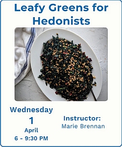 A plate of leafy greens salad with grains sits on a white surface next to a striped kitchen towel; text announces a cooking class on April 1.
