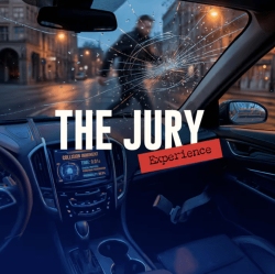 A cracked windshield view from inside a car showing a pedestrian running outside, with the text "THE JURY Experience" overlayed on the image.