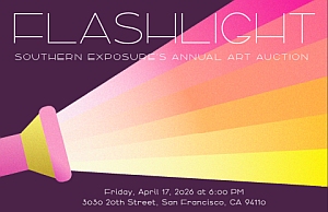 A graphic image of a flashlight shining pink and yellow light, advertising the Southern Exposure 5th Annual Art Auction on April 17, 2020, in San Francisco.