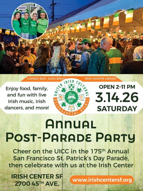 People gather indoors at the Irish Center SF for the Annual Post-Parade Party, celebrating St. Patrick's Day with food, music, and decorations on March 14, 2026.