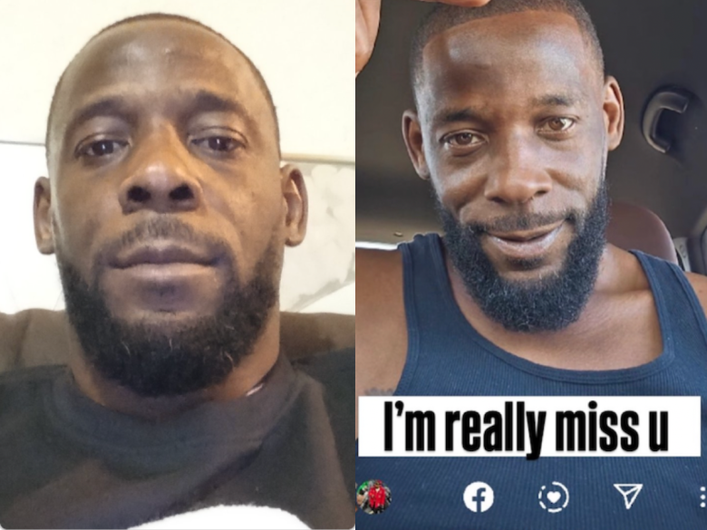 Side-by-side photos of a man with a beard; left image shows him in a neutral pose, right image shows him smiling with text that reads "I'm really miss u.