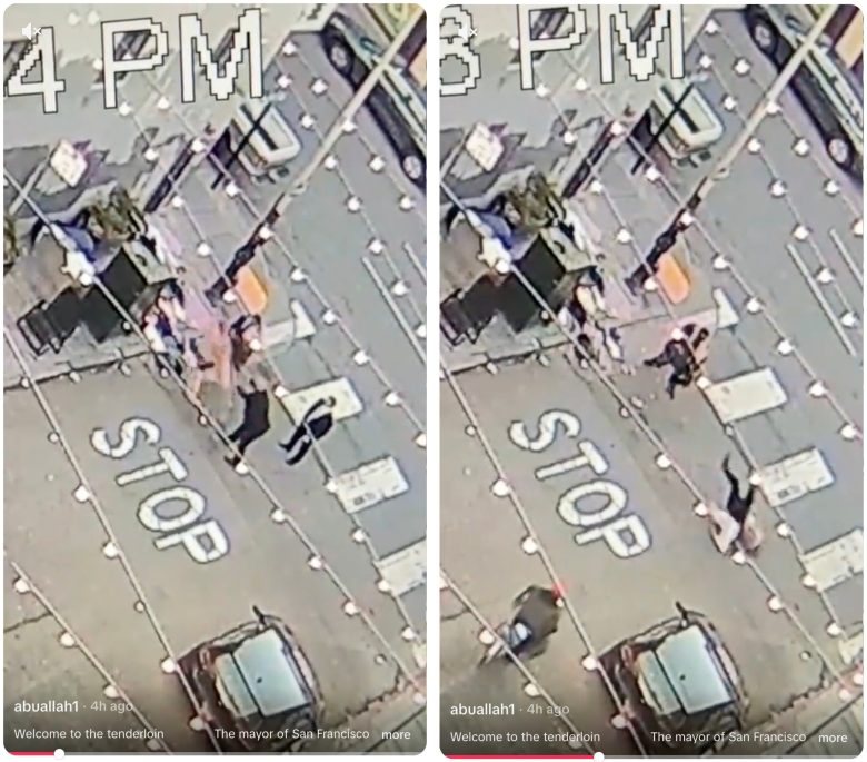 Side-by-side aerial views of a street corner at 4 PM and 8 PM, showing people crossing near a "STOP" marking and parked vehicles.
