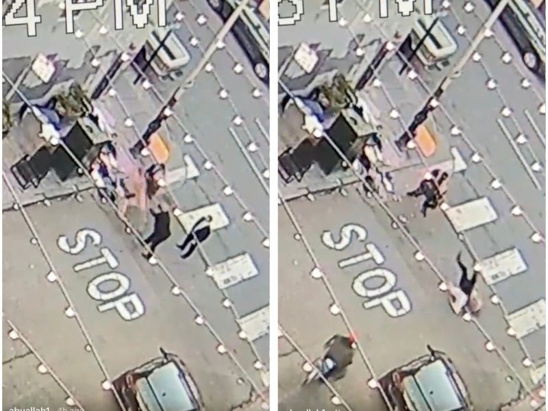 Side-by-side aerial views of a street corner at 4 PM and 8 PM, showing people crossing near a "STOP" marking and parked vehicles.