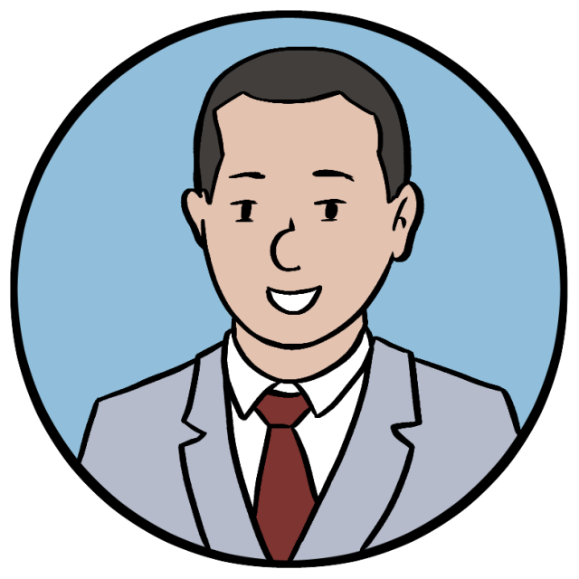 Cartoon illustration of a smiling man in a light gray suit, white shirt, and red tie, shown in a circular blue background.