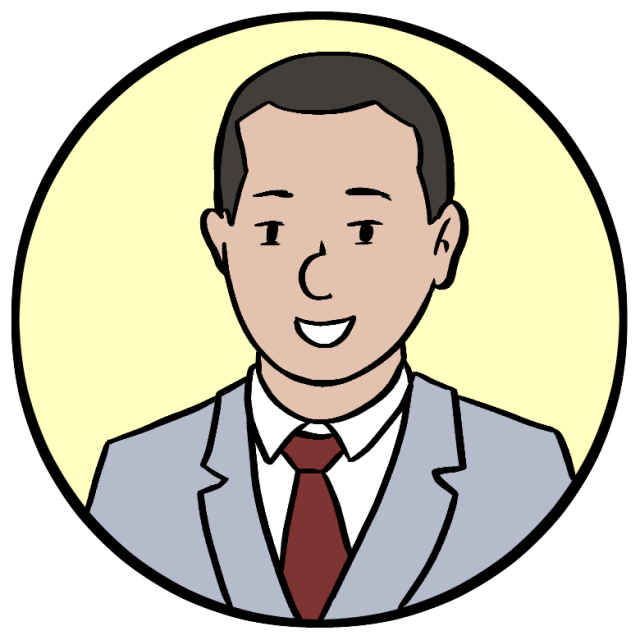 Cartoon illustration of a smiling person wearing a light gray suit, white shirt, and red tie, with short dark hair, set against a yellow circular background.