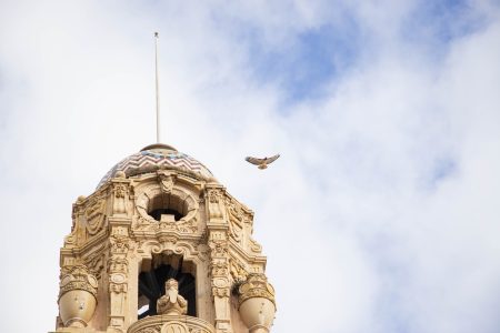 A detailed stone tower with a dome rises against a cloudy sky, while a bird flies nearby.