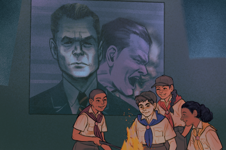 Four children in scout uniforms stand around a campfire, smiling, with a large, ominous poster of a stern man and an angry face in the background.
