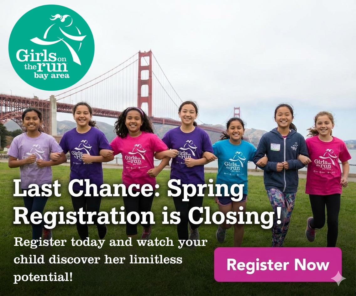 A group of girls in Girls on the Run shirts pose and smile in front of the Golden Gate Bridge; text promotes spring program registration.