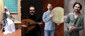 Four musicians are shown, each holding their instrument: a seated woman in elaborate dress, a man with an oud, a man with a frame drum, and a man holding a clarinet.