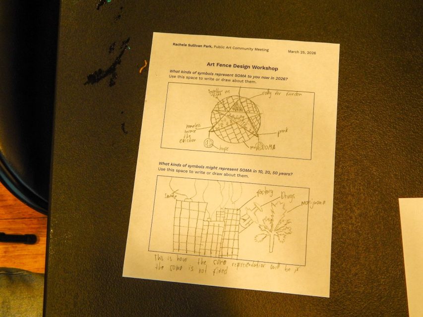 A worksheet titled "Art Fence Design Workshop" with hand-drawn sketches of a globe, peace symbol, flower, and tree, along with handwritten notes answering the prompts.