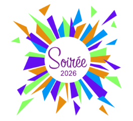 Colorful geometric burst design with the word "Soirée" in purple script and "2026" below it, centered within the shape.