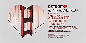Event flyer with a heart-shaped outline containing the Golden Gate Bridge, listing "Detroit ♥ San Francisco" and event details including artists and date.