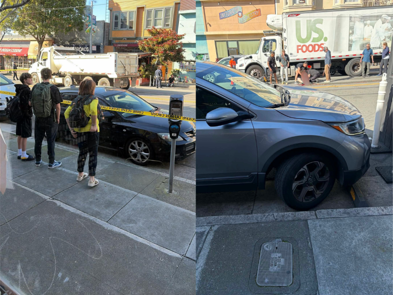 Two photos side by side: left shows people and police tape near a black car on a city street; right shows a gray SUV parked over the curb.