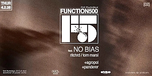 Event flyer for "Function 500" on April 25, featuring No Bias, richond, Tom Marsl, egozpol, and perdecier, with a large F5 logo on a smoky brown background.
