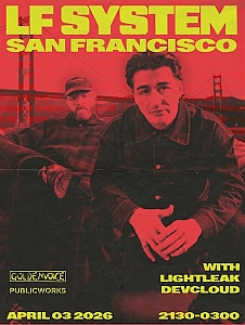 Two men pose in front of the Golden Gate Bridge on a poster for an LF System event in San Francisco, scheduled for April 3, 2026, at Public Works.