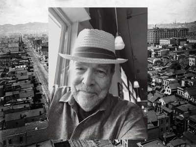 Black and white photo of a smiling older man in a straw hat, overlaid on a vintage cityscape with buildings, streets, and distant hills.