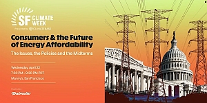 Promotional graphic for SF Climate Week event on energy affordability, featuring power lines, the U.S. Capitol, and event details for April 22 at Manny’s, San Francisco.