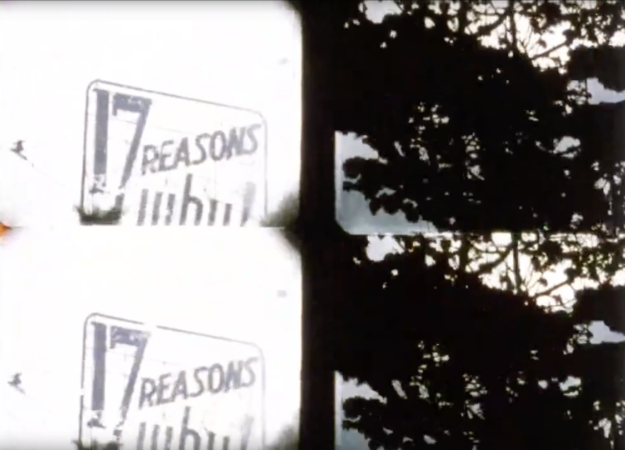 Split-screen image with two frames showing a sign reading "17 REASONS" on the left and the silhouette of tree branches against the sky on the right.