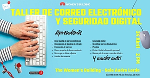 Flyer in Spanish for a digital security and email workshop, listing topics to be covered. Includes event date, time, location, and a hand typing on a keyboard.