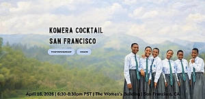Six young women in school uniforms stand smiling in front of a scenic, green landscape. Text announces "Komera Cocktail San Francisco" with event details at the bottom.